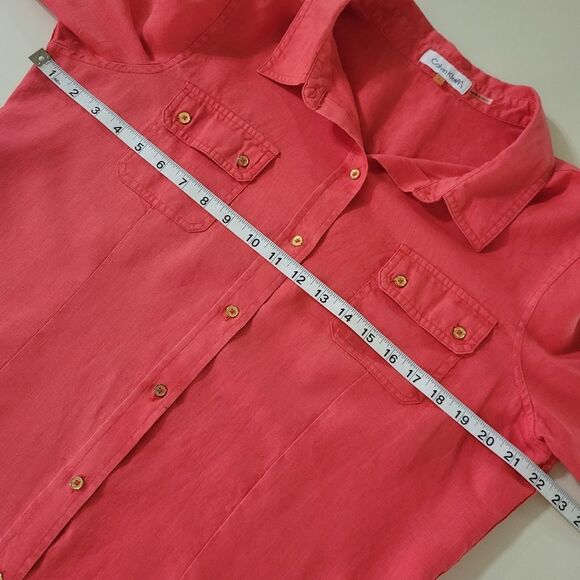 Calvin Klein Women's Red Orange Linen  Long Sleeve Button-Down Blouse - Picture 3 of 15
